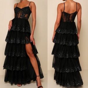 Alluring Sensation Black Tulle Embroidered Tiered Maxi Dress